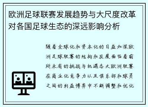 欧洲足球联赛发展趋势与大尺度改革对各国足球生态的深远影响分析