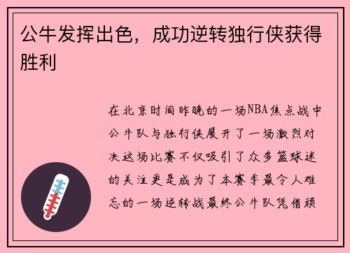 公牛发挥出色，成功逆转独行侠获得胜利