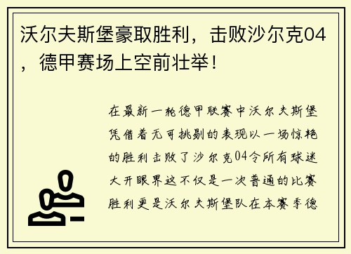 沃尔夫斯堡豪取胜利，击败沙尔克04，德甲赛场上空前壮举！